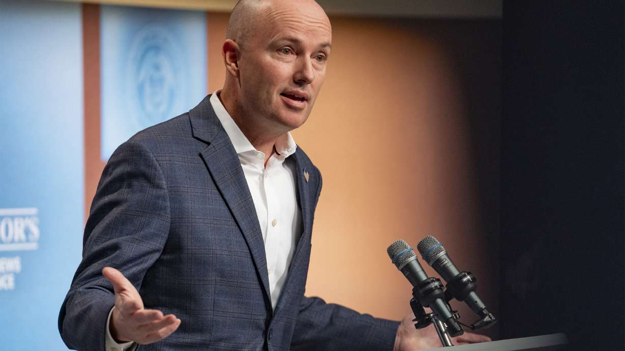 Gov. Spencer Cox speaks at PBS Utah in Salt Lake City on Thursday. The governor addressed the future of the Sundance Film Festival in Utah and weighed in on President Donald Trump's tariff plans and funding cuts.