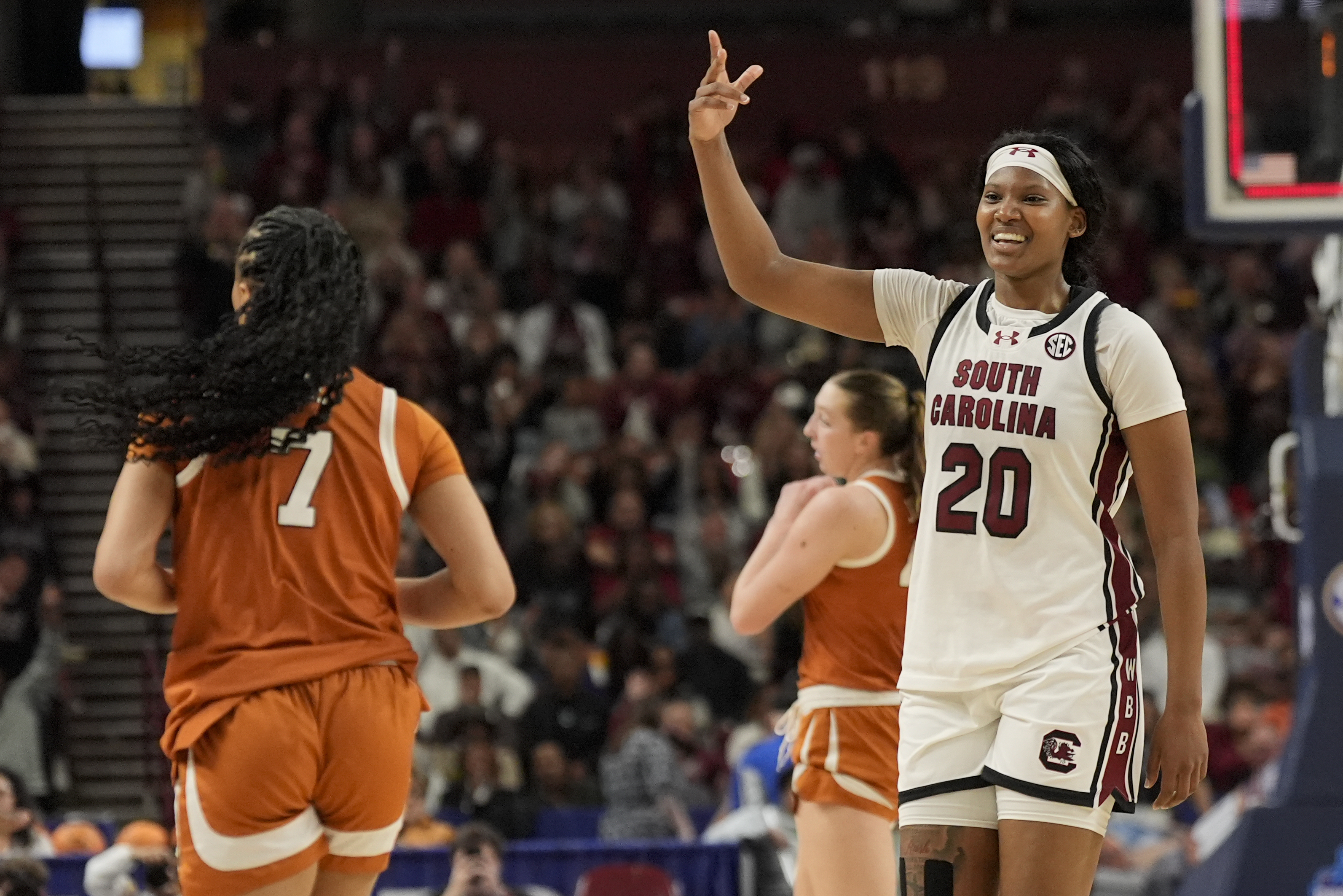South Carolina forward Sania Feagin celebrates after scoring against Texas during the second half during of an NCAA college basketball game in the final of the Southeastern Conference tournament, Sunday, March 9, 2025, in Greenville, S.C.