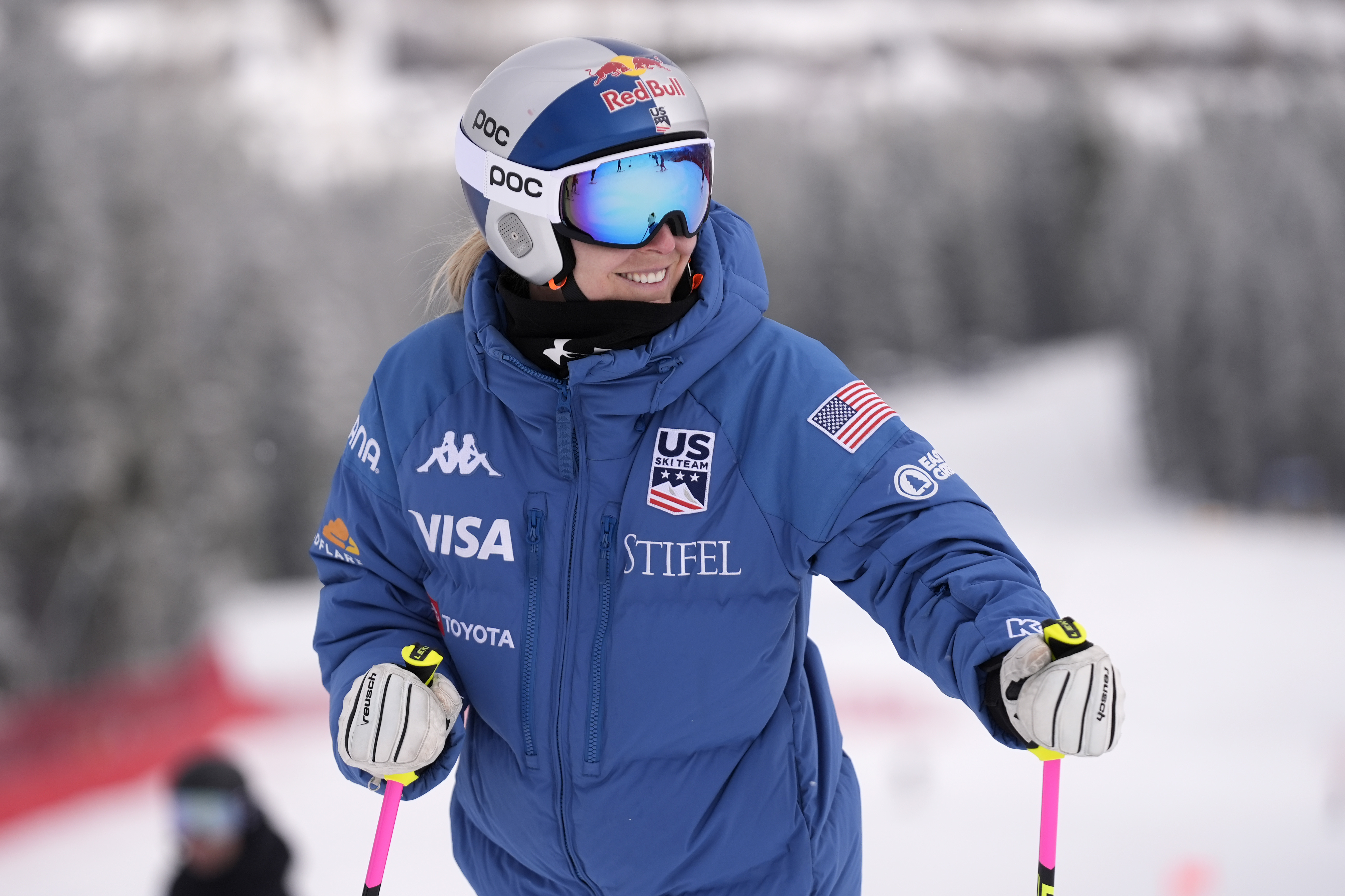 United States' Lindsey Vonn inspects the new race course after a downhill training run was canceled due to heavy snowfall at the World Cup Finals, Thursday, March 20, 2025, in Sun Valley, Idaho. 