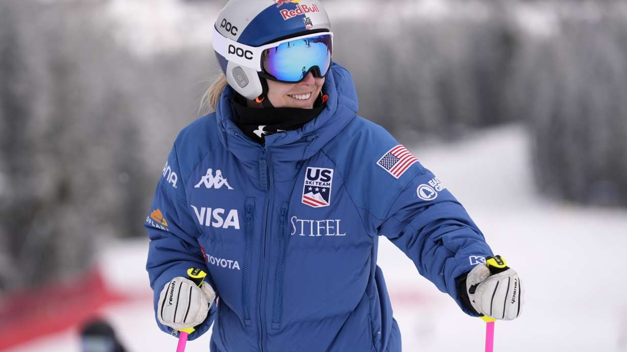 United States' Lindsey Vonn inspects the new race course after a downhill training run was canceled due to heavy snowfall at the World Cup Finals, Thursday, March 20, 2025, in Sun Valley, Idaho.