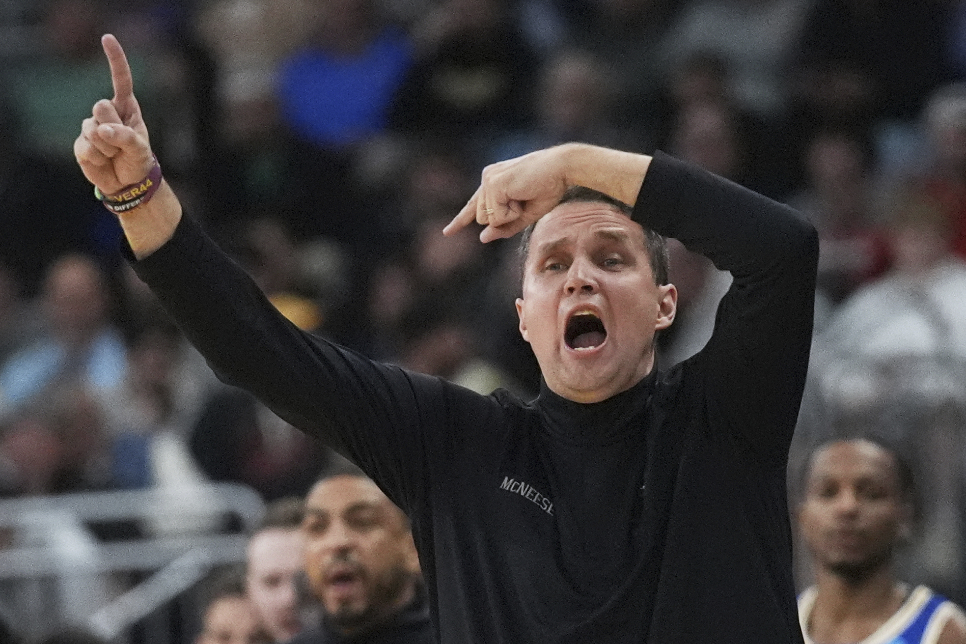 McNeese State head coach Will Wade calls to his players during the first half in the first round of the NCAA college basketball tournament, Thursday, March 20, 2025, in Providence, R.I.