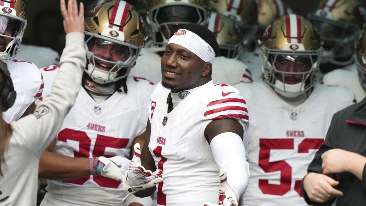 FILE - San Francisco 49ers wide receiver Deebo Samuel Sr. (1) prepares to run onto the field before an NFL football game against the Miami Dolphins, Dec. 22, 2024, in Miami Gardens, Fla.