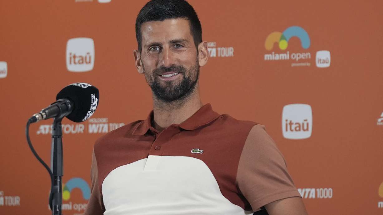 Novak Djokovic, of Serbia, speaks during a news conference at the Miami Open tennis tournament, Thursday, March 20, 2025, in Miami Gardens, Fla.