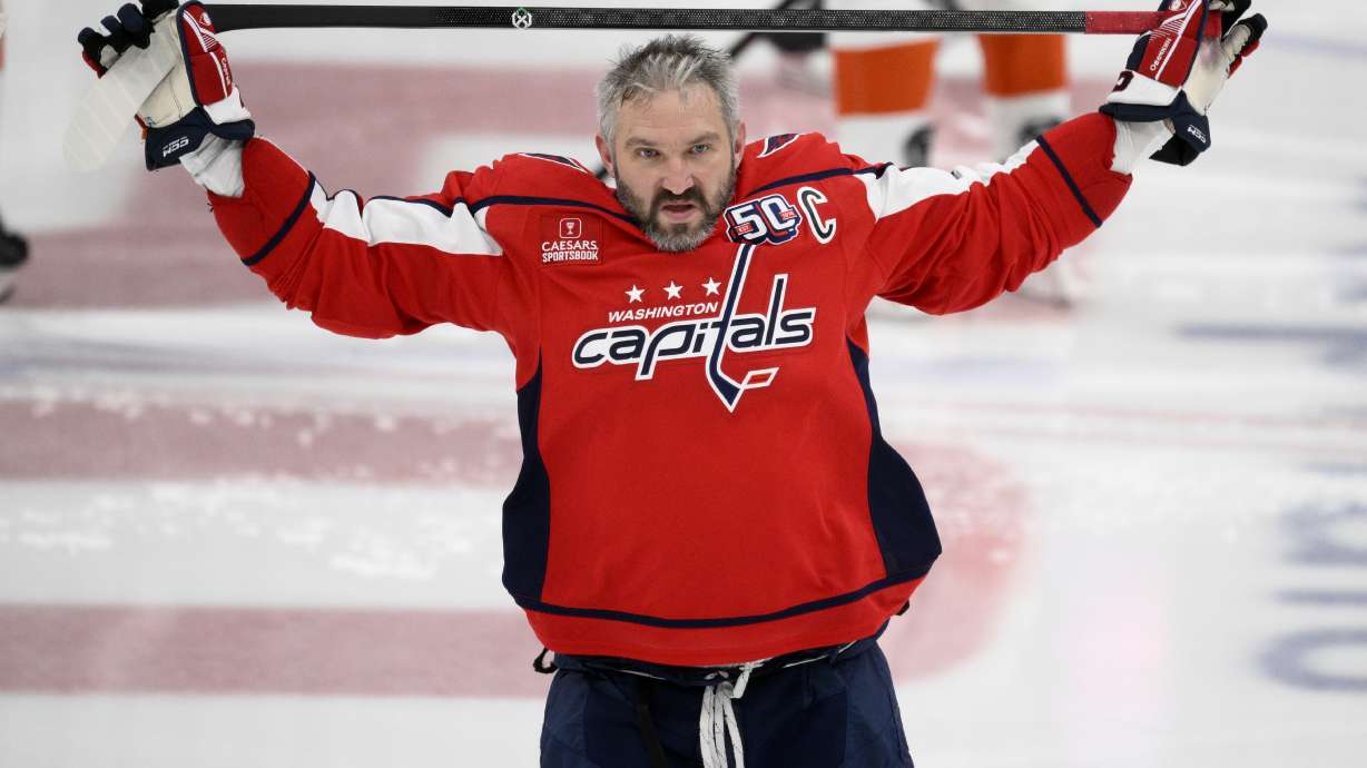 Washington Capitals left wing Alex Ovechkin warms up before an NHL hockey game against the Philadelphia Flyers, Thursday, March 20, 2025, in Washington.