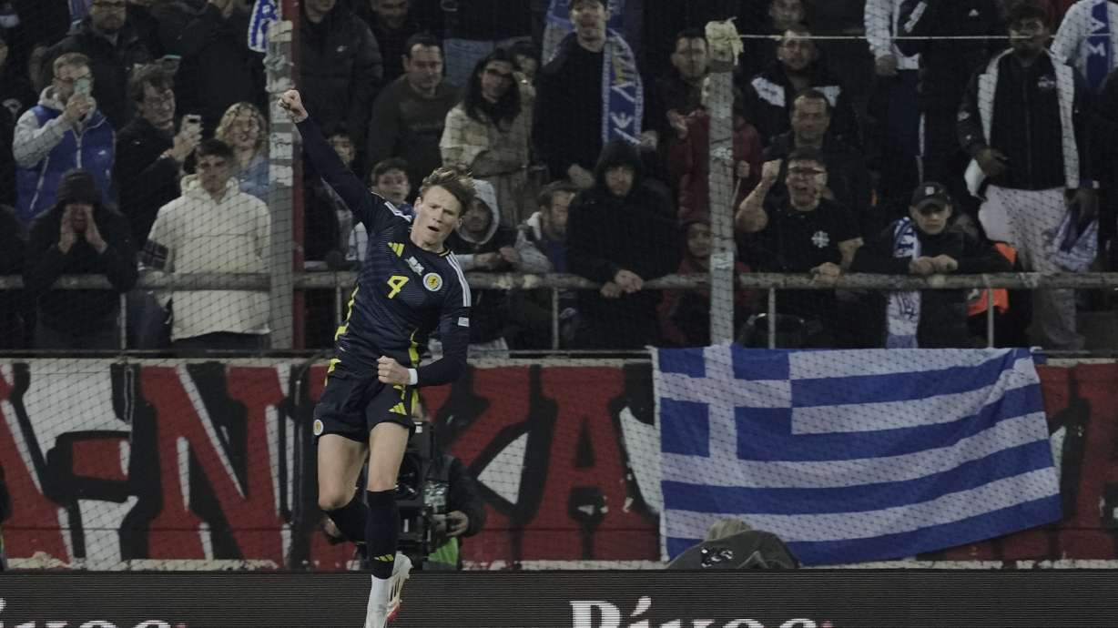 Scotland's Scott McTominay celebrates after scoring the opening goal during the Nations League play off first leg soccer match between Greece and Scotland, at the Georgios Karaiskakis stadium at Athens' port of Piraeus, Greece, Thursday, March 20, 2025.