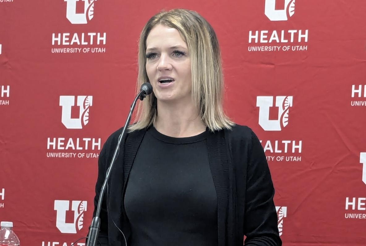 Kelsie Buchanan, of Millcreek, speaks at the opening of the Rose Park location of the University of Utah Health's Substance Use in Pregnancy Recovery Addiction Dependence program.