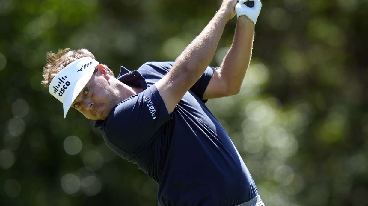 Keith Mitchell hits his tee shot on the ninth hole during the first round of the Valspar Championship golf tournament Thursday, March 20, 2025, at Innisbrook in Palm Harbor, Fla.