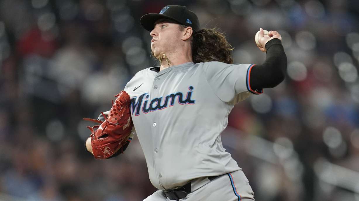 FILE - Miami Marlins starting pitcher Ryan Weathers delivers during the fifth inning of a baseball game against the Minnesota Twins, Sept. 24, 2024, in Minneapolis.