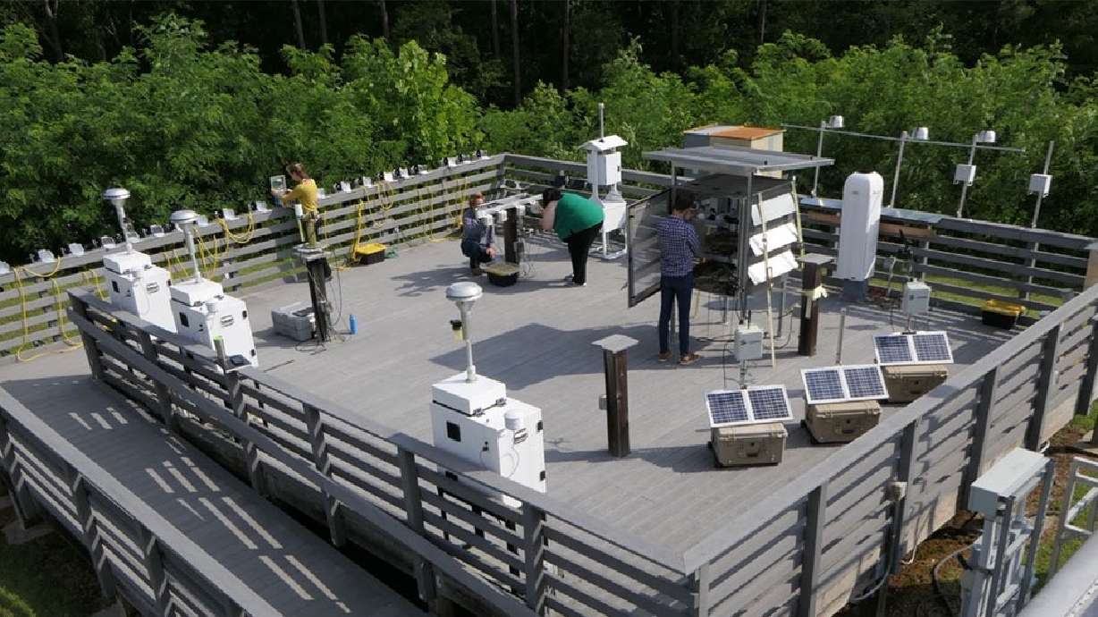 EPA researchers test air sensors at the Air Innovation Research Site in Research Triangle Park, N.C. A University of Utah study finds air pollutant monitors are more common in white neighborhoods and less so in Native American and Pacific Islander areas.