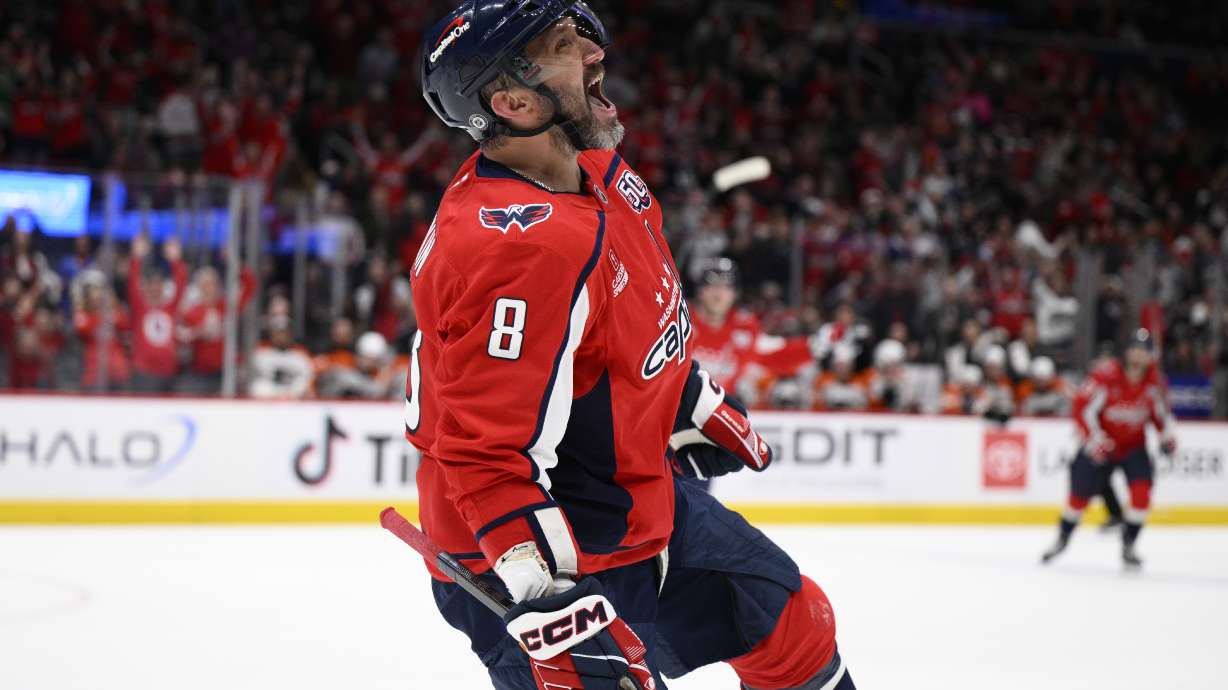 Washington Capitals left wing Alex Ovechkin (8) celebrates his goal during the first period of an NHL hockey game against the Philadelphia Flyers, Thursday, March 20, 2025, in Washington.
