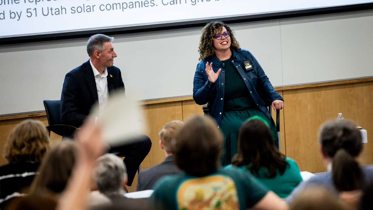 Reps. Celeste Maloy and Mike Kennedy speak at a Town Hall at the Carolyn and Kem Gardner Commons at the University of Utah in Salt Lake City on Thursday.