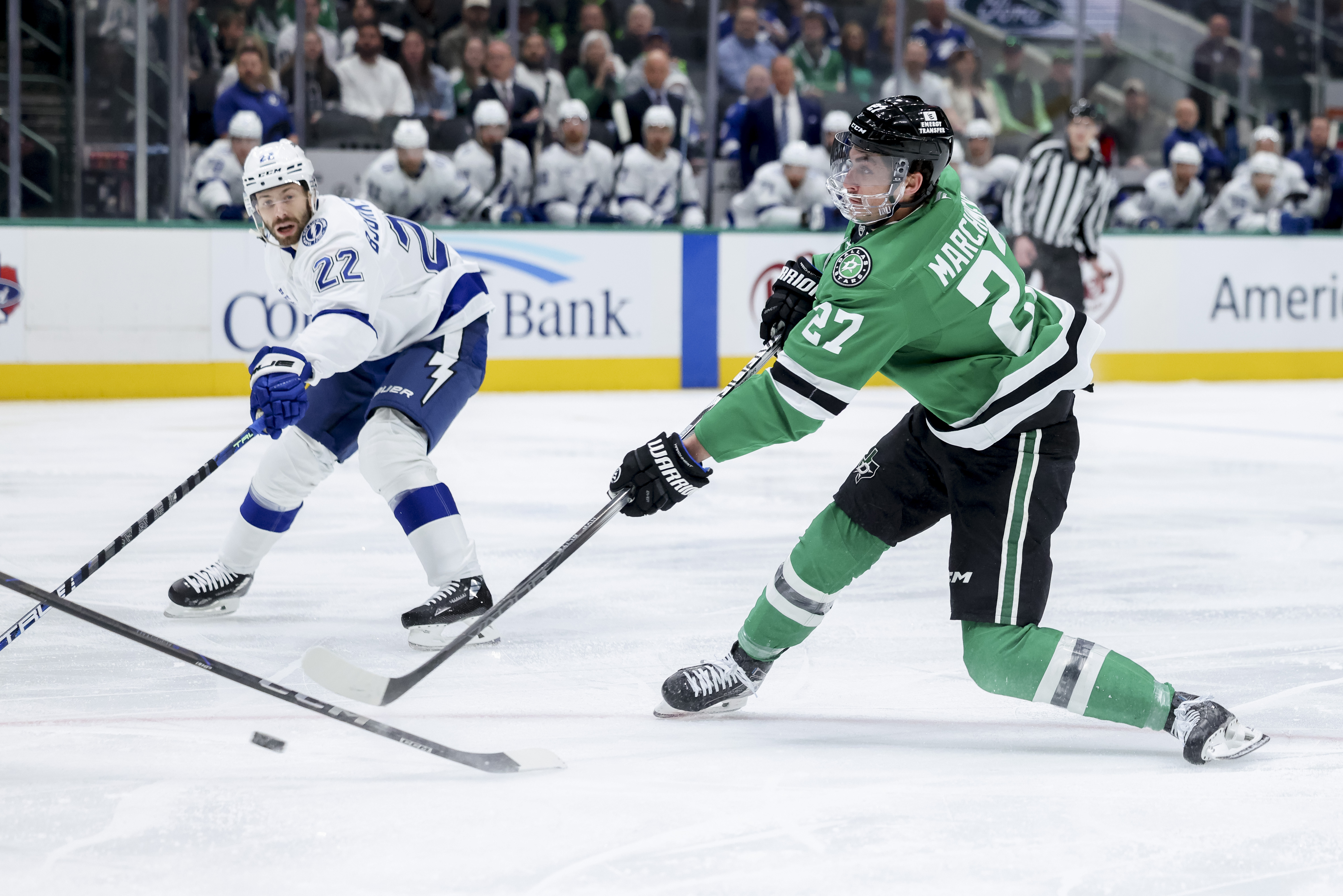 Dallas Stars left wing Mason Marchment (27) shoots during an NHL hockey game against the Tampa Bay Lightning in Dallas, Thursday, March 20, 2025.