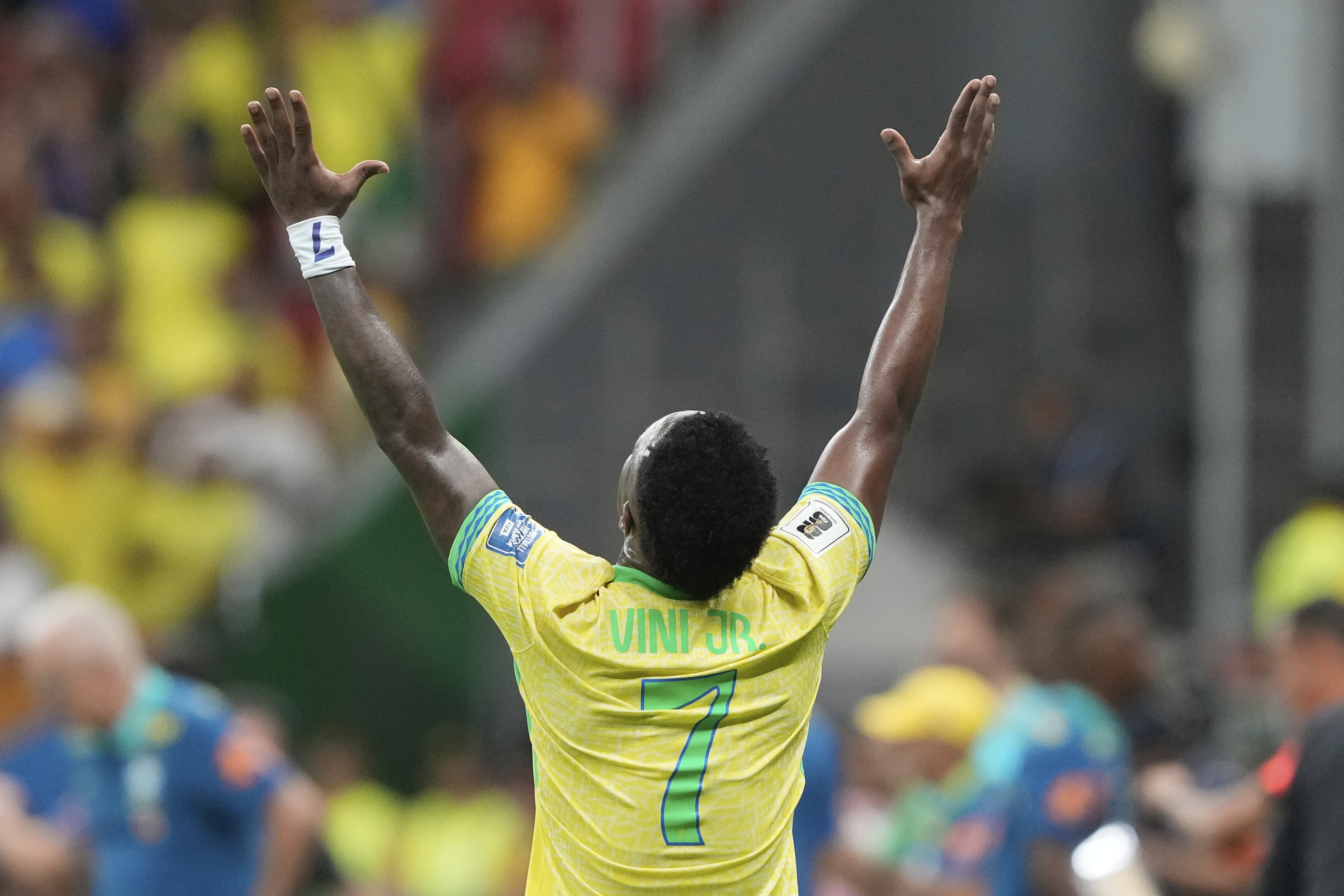 Brazil's Vinicius Junior celebrates after scoring his side's second goal against Colombia during a FIFA World Cup 2026 qualifying soccer match at Mane Garrincha stadium in Brasilia, Brazil, Thursday, March 20, 2025.
