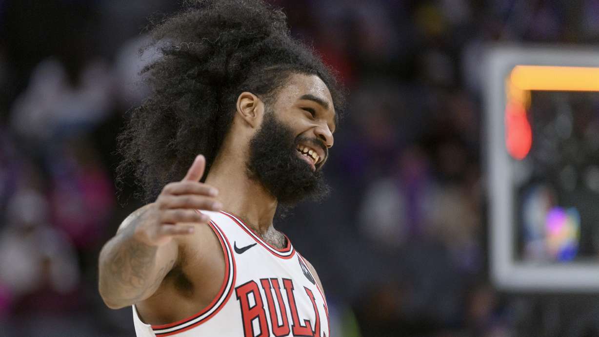 Chicago Bulls guard Coby White (0) reacts to a win over the Sacramento Kings following an NBA basketball game in Sacramento, Calif., Thursday, March 20, 2025.