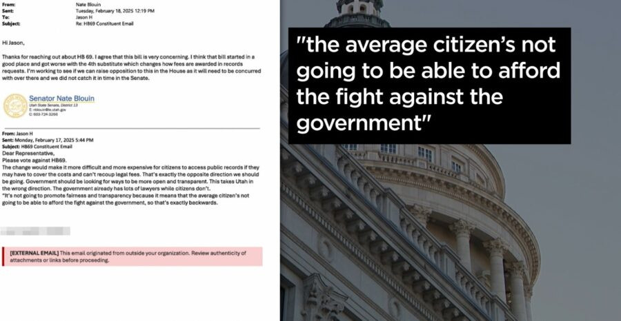 Email sent to Sen. Nate Blouin regarding HB69 which prevents the public from recouping legal fees if they win a public records case against the government.