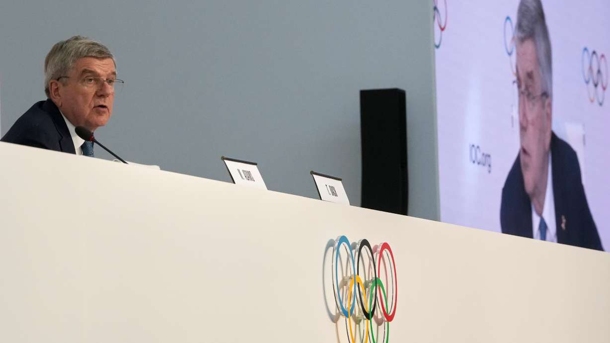 IOC President Thomas Bach speaks during the final press conference of the International Olympic Committee's 144th session in Costa Navarino, western Greece, Friday.