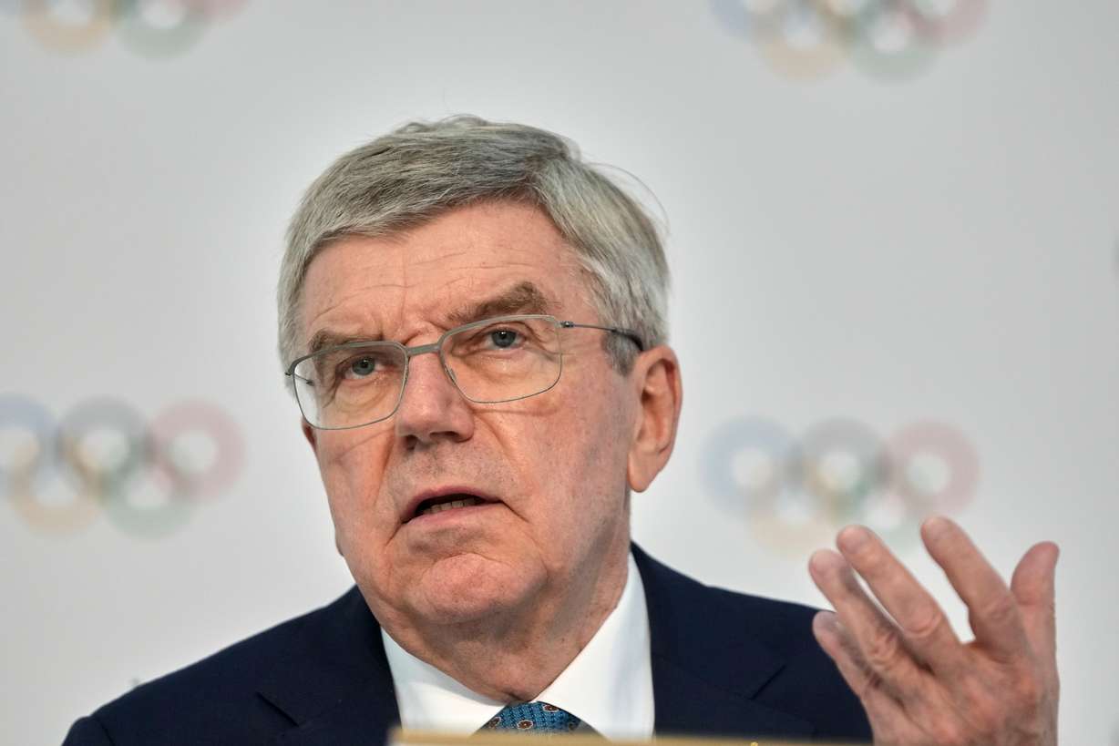 IOC President Thomas Bach speaks during the final press conference of the International Olympic Committee's 144th session in Costa Navarino, western Greece, Friday, March 21.