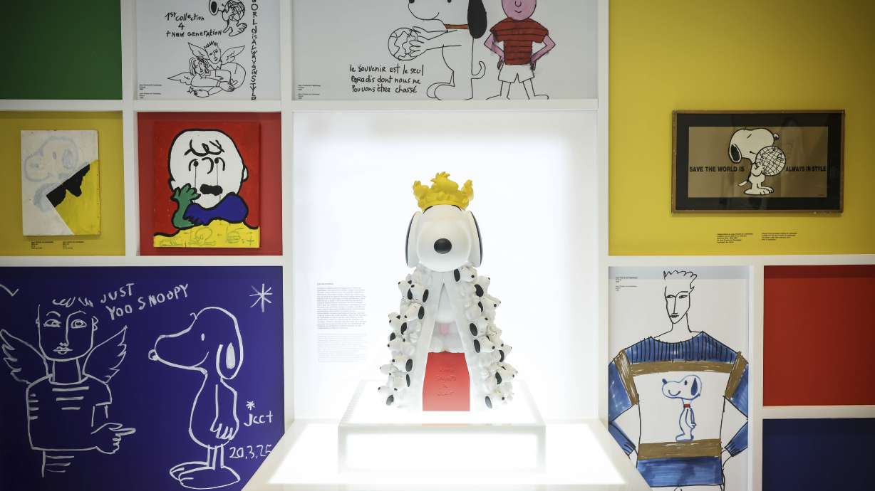 Drawings of Snoopy at the Snoopy In Style exhibition in Paris, March 20, 2025. The owner of the music to "Peanuts" sued three companies and the U.S. government on Wednesday, alleging illegal use of the music.