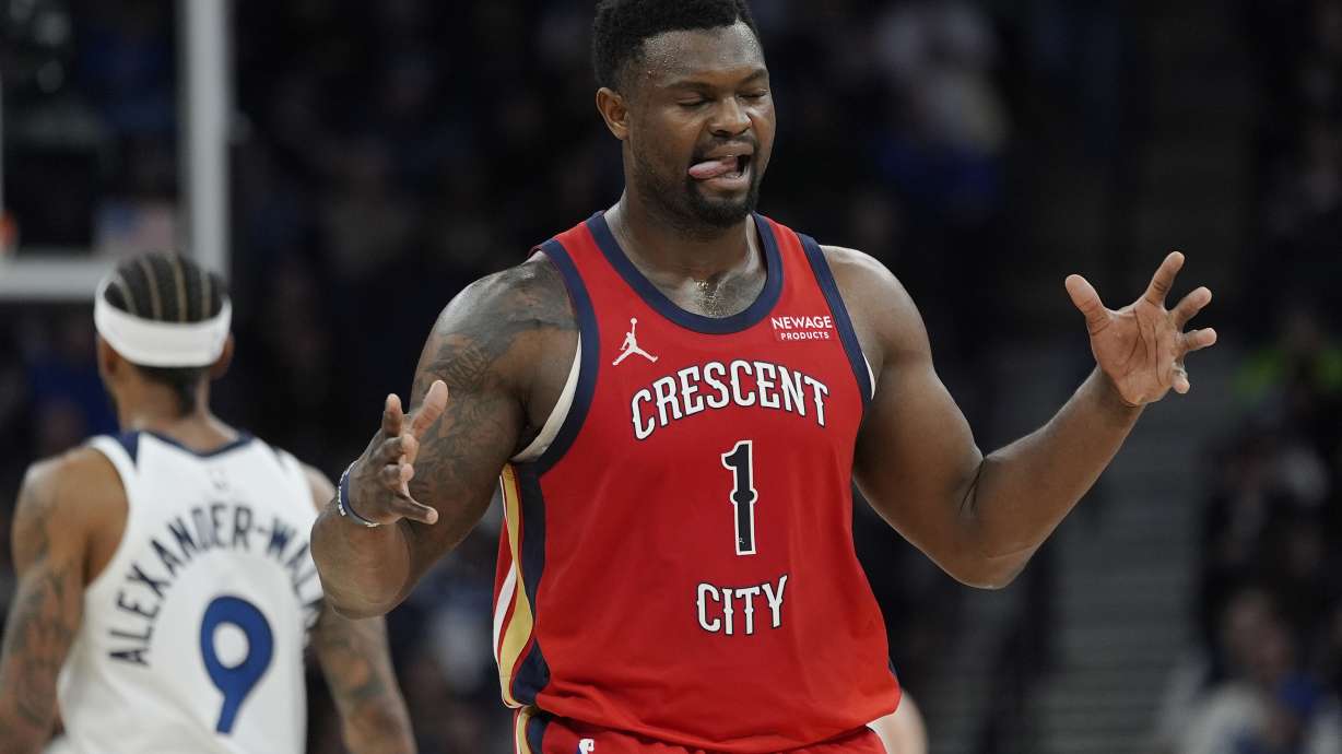 New Orleans Pelicans forward Zion Williamson (1) reacts during the first half of an NBA basketball game against the Minnesota Timberwolves, Wednesday, March 19, 2025, in Minneapolis.