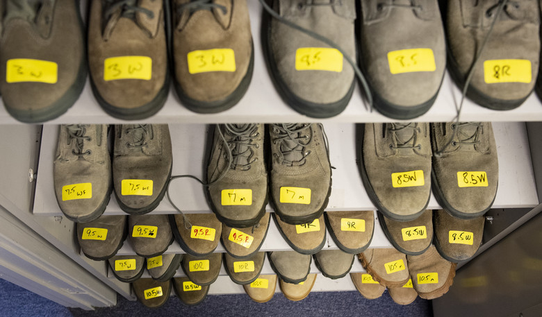 A closet full of boots at the Airman’s Attic at Eglin Air Force Base in Florida.