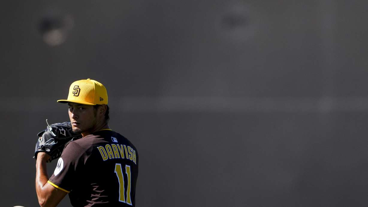FILE - San Diego Padres pitcher Yu Darvish attends a spring training baseball practice at the team's training facility, on Feb. 15, 2025, in Peoria, Ariz.