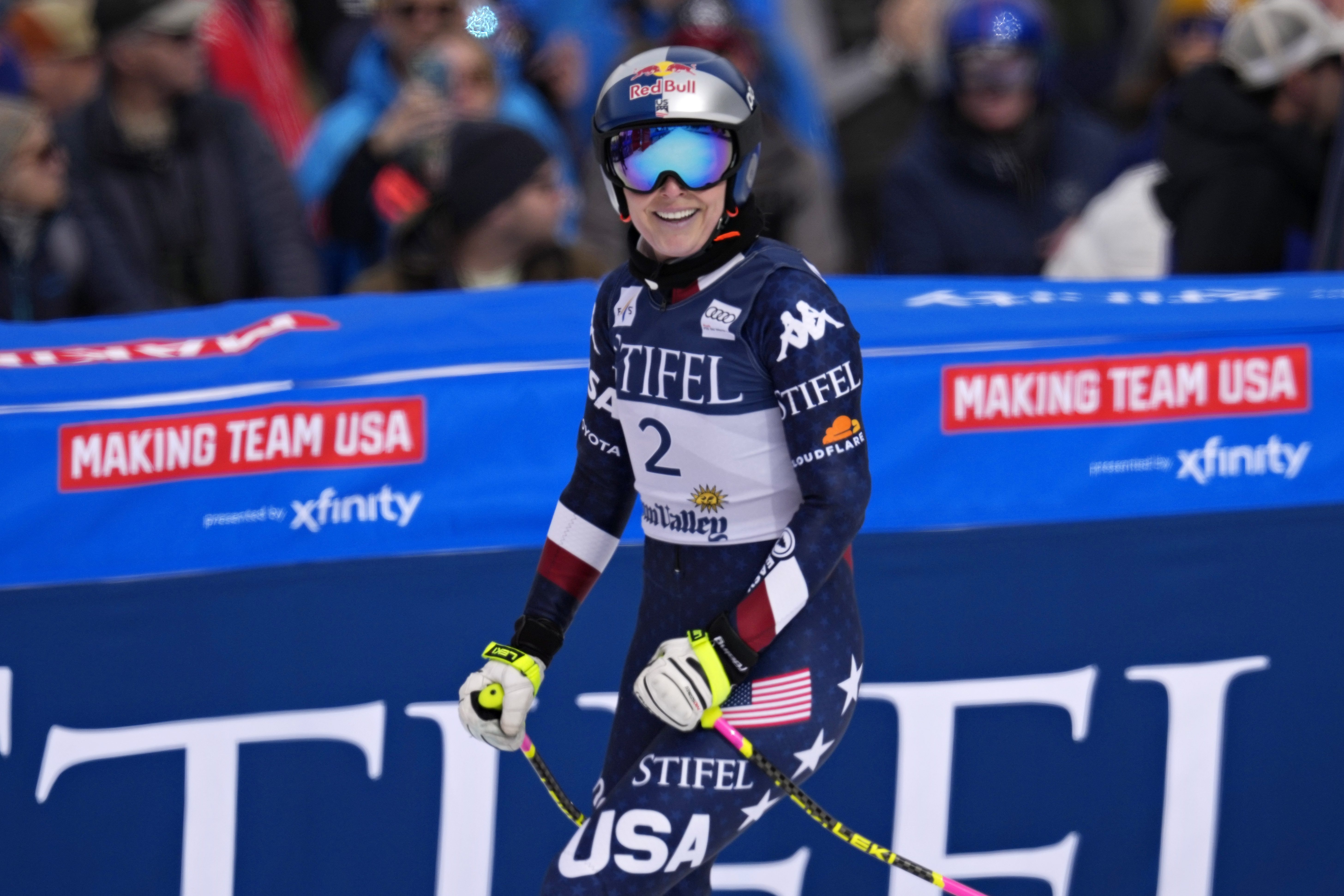 United States' Lindsey Vonn reacts after a women's downhill training run at the World Cup Finals, Friday, March 21, 2025, in Sun Valley, Idaho. 