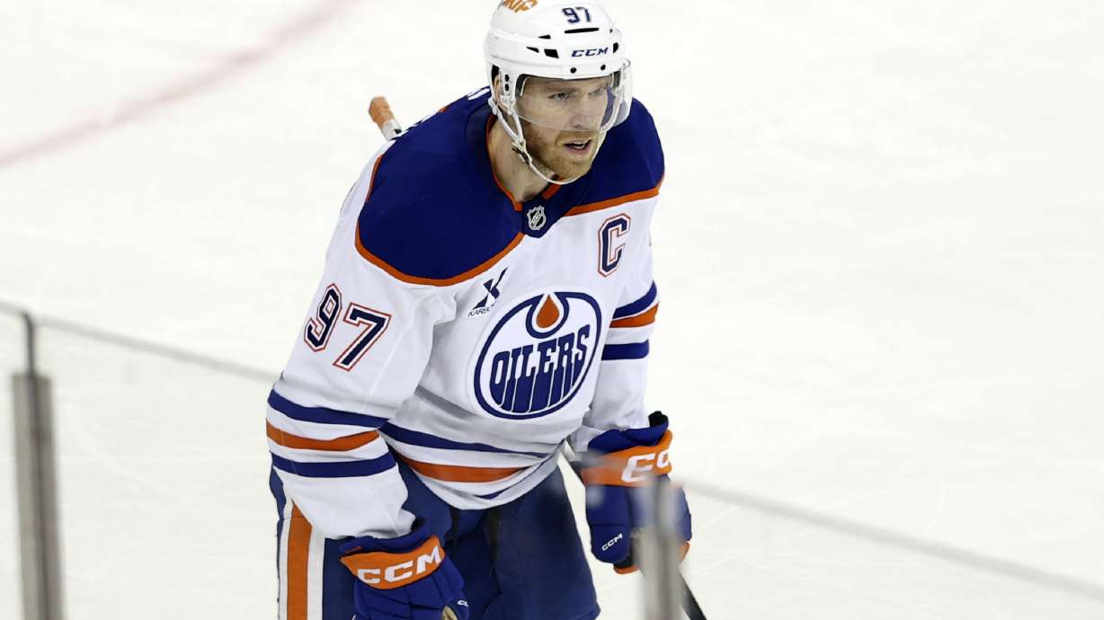 Edmonton Oilers' Connor McDavid skates on the ice after scoring during the third period of an NHL hockey game against the New York Rangers Sunday, March 16, 2025, in New York.