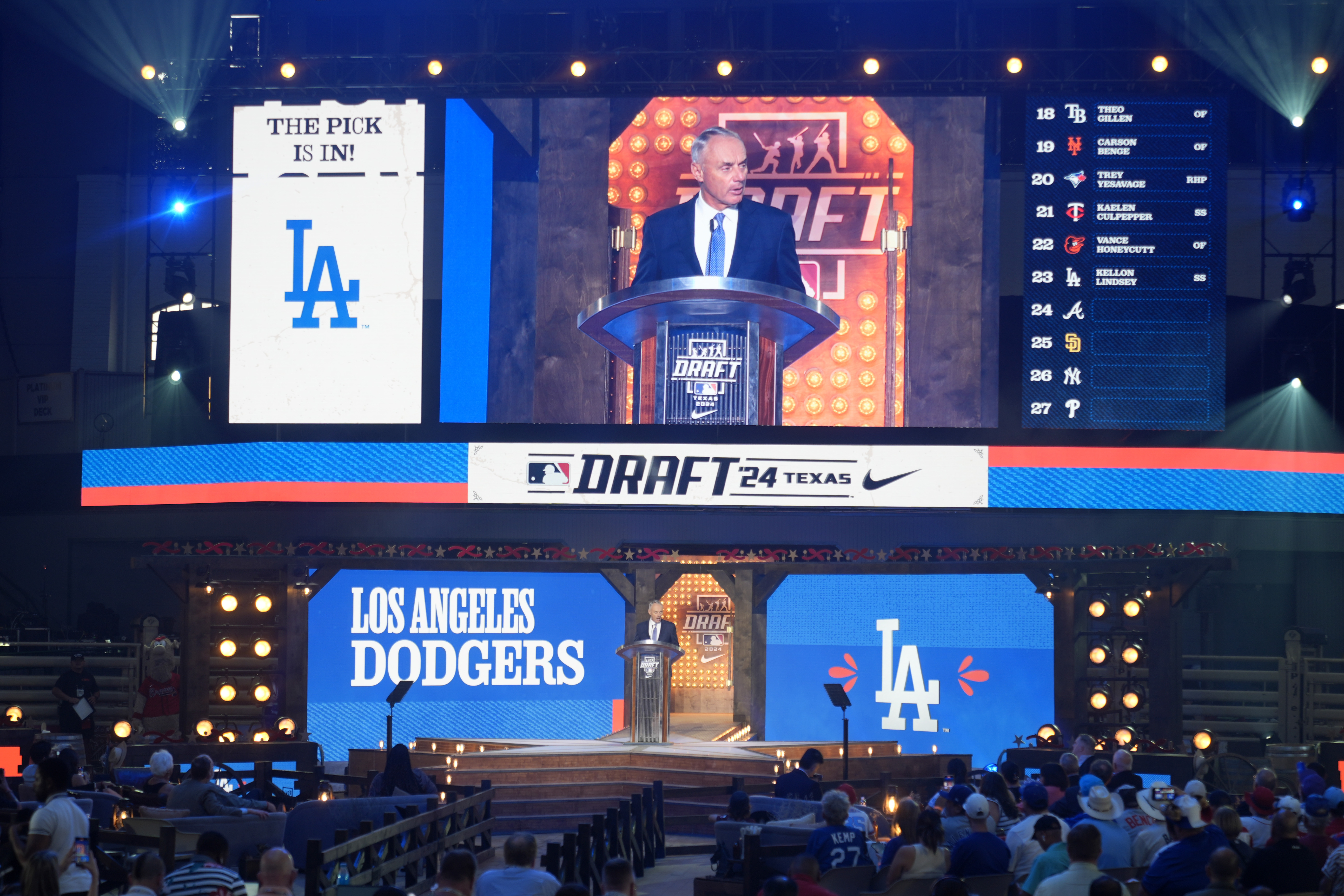 FILE - Major League Baseball Commissioner Rob Manfred announces the selection made by the Los Angeles Dodgers in the first round of the MLB baseball draft in Fort Worth, Texas, July 14, 2024.