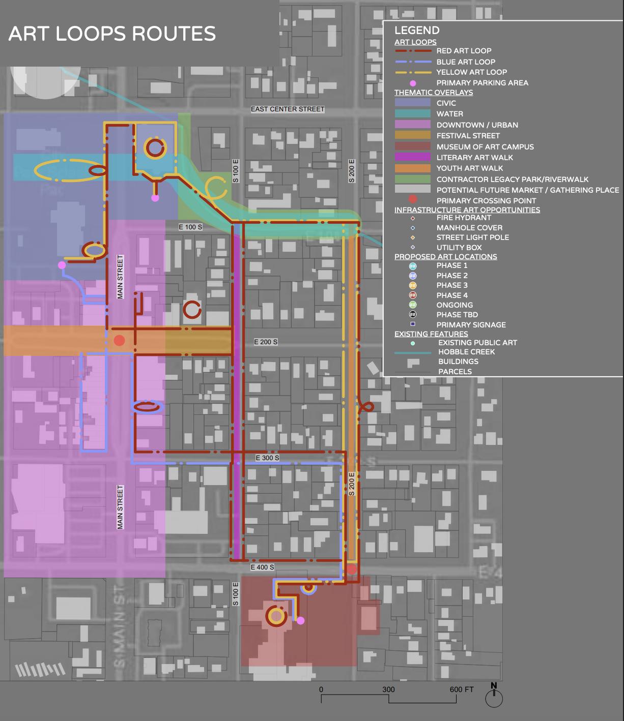 A map of the art walking routes that will be part of Art Loops: Downtown in Springville.