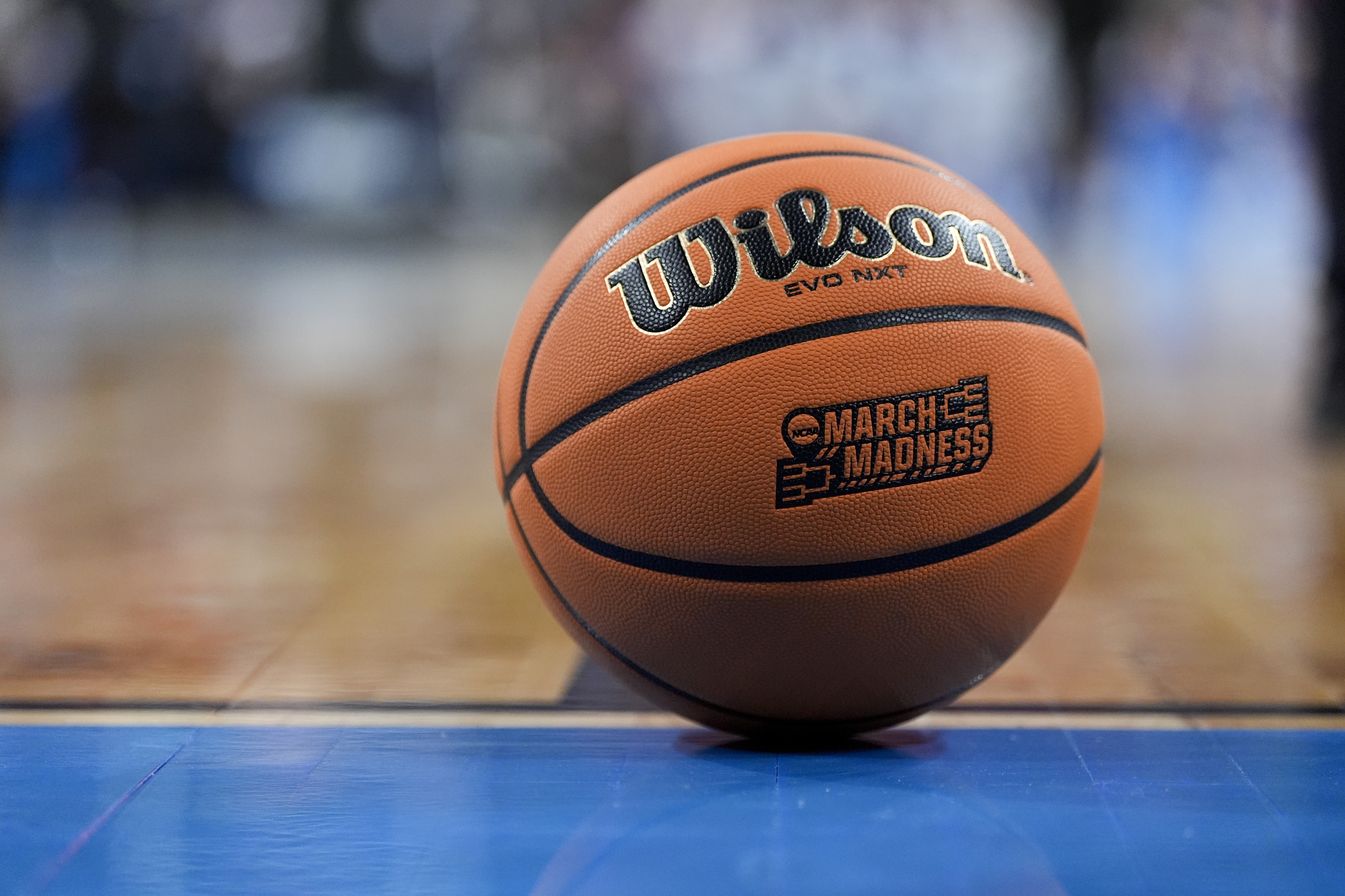 The game ball sits on the court during the second half between Duke and Mount St. Mary's in the first round of the NCAA college basketball tournament, Friday, March 21, 2025, in Raleigh, N.C.