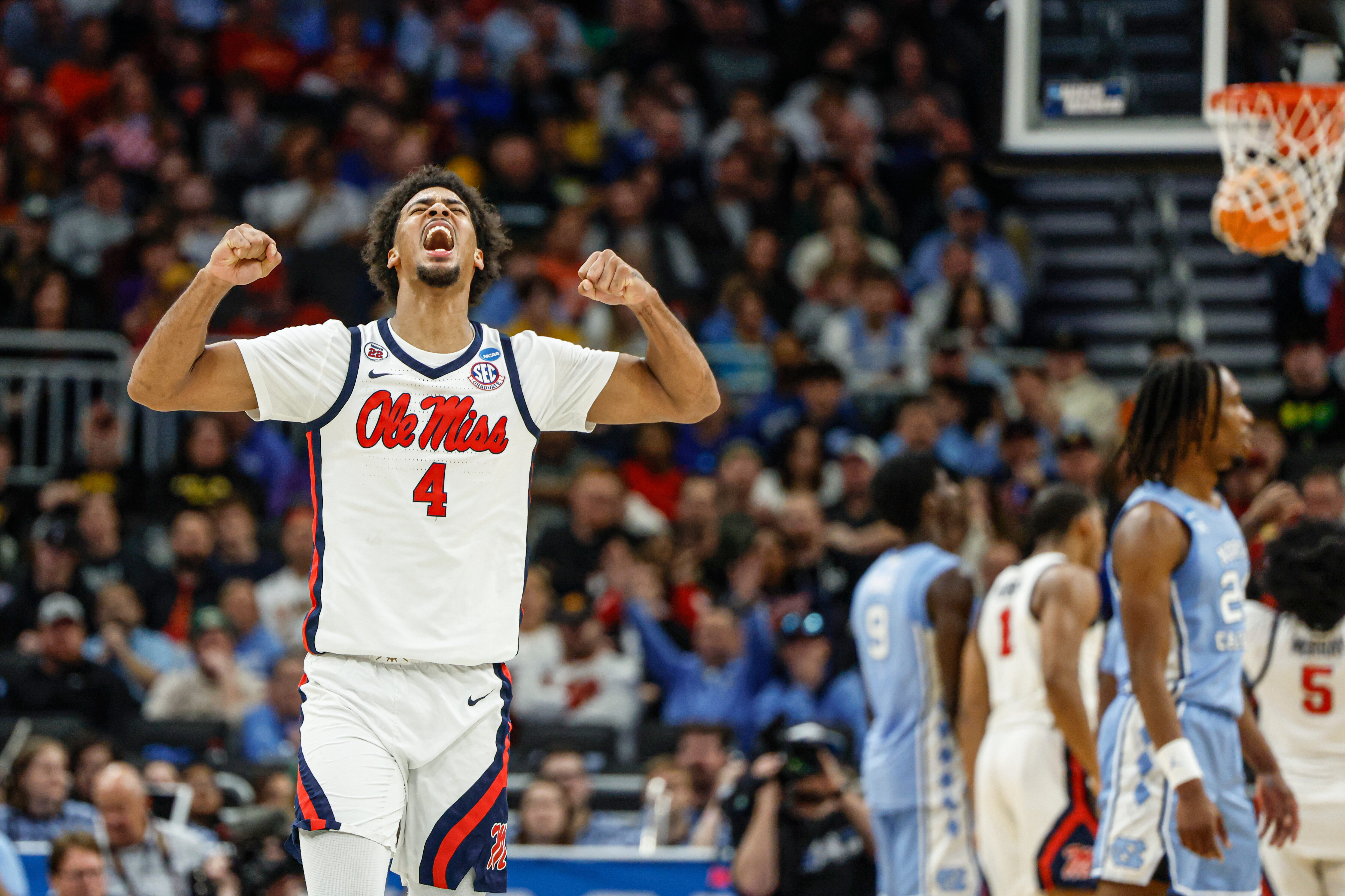 Mississippi forward Jaemyn Brakefield (4) reacts against North Carolina in the first round of the NCAA college basketball tournament Friday, March 21, 2025, in Milwaukee.