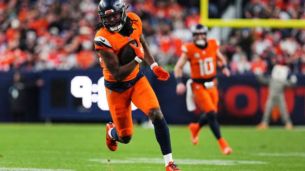 FILE - Denver Broncos wide receiver Lil'Jordan Humphrey (84) heads for the end zone during an NFL football game against the Atlanta Falcons, Sunday, Nov. 17, 2024 in Denver.