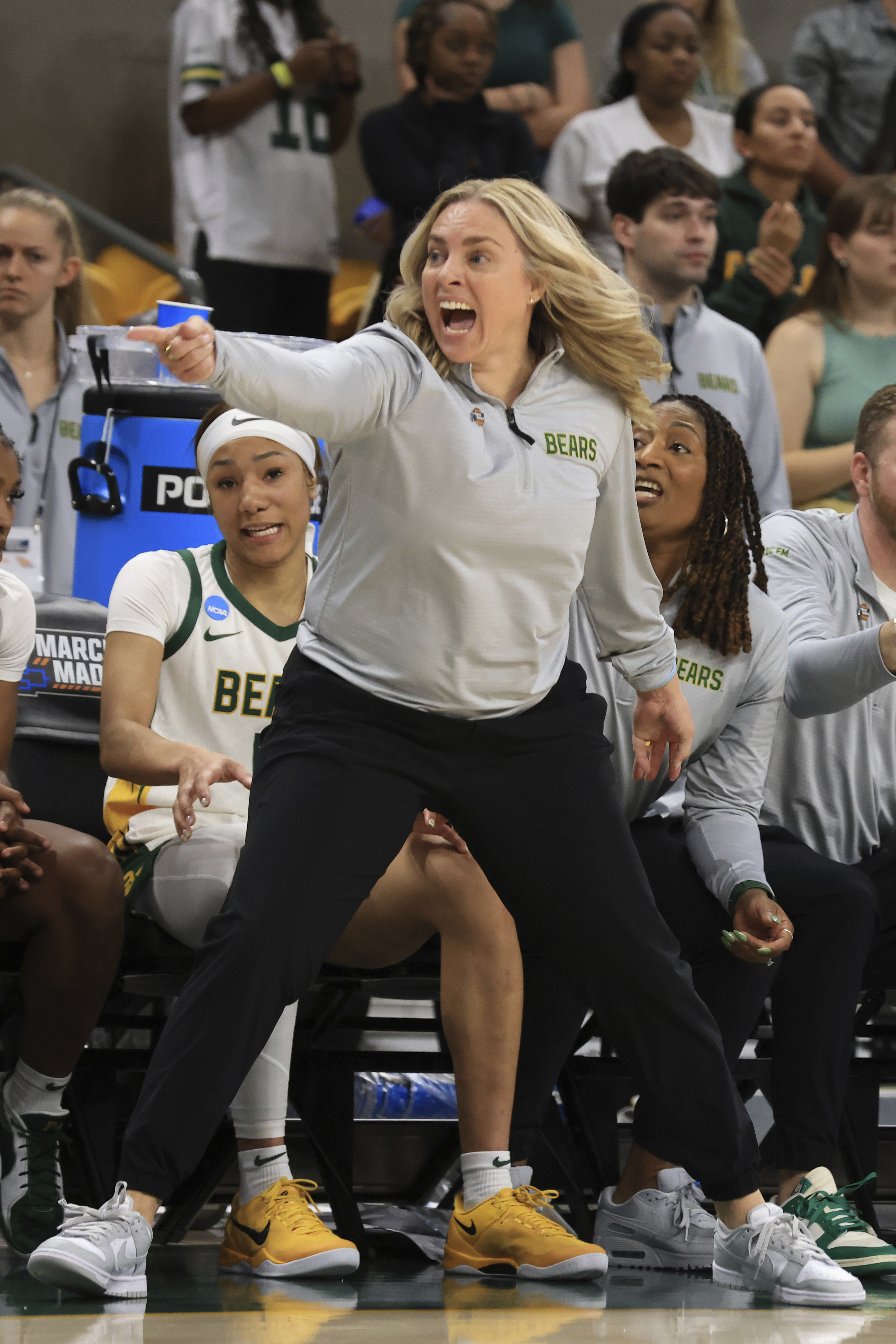 Baylor head coach Nicki Collen reacts after a call during the second half against Grand Canyon in the first round of the NCAA college basketball tournament Friday March 21, 2025, in Waco,Texas.