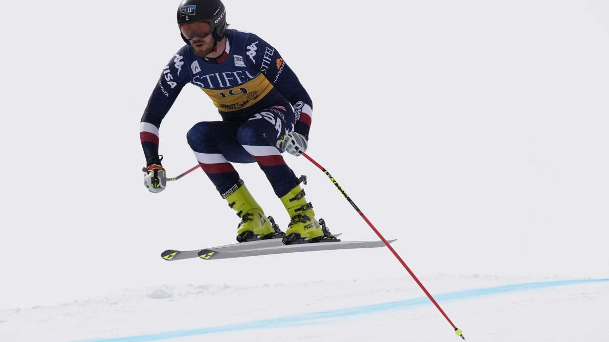United States' Bryce Bennett skis in a men's downhill training run at the World Cup Finals, Friday, March 21, 2025, in Sun Valley, Idaho.