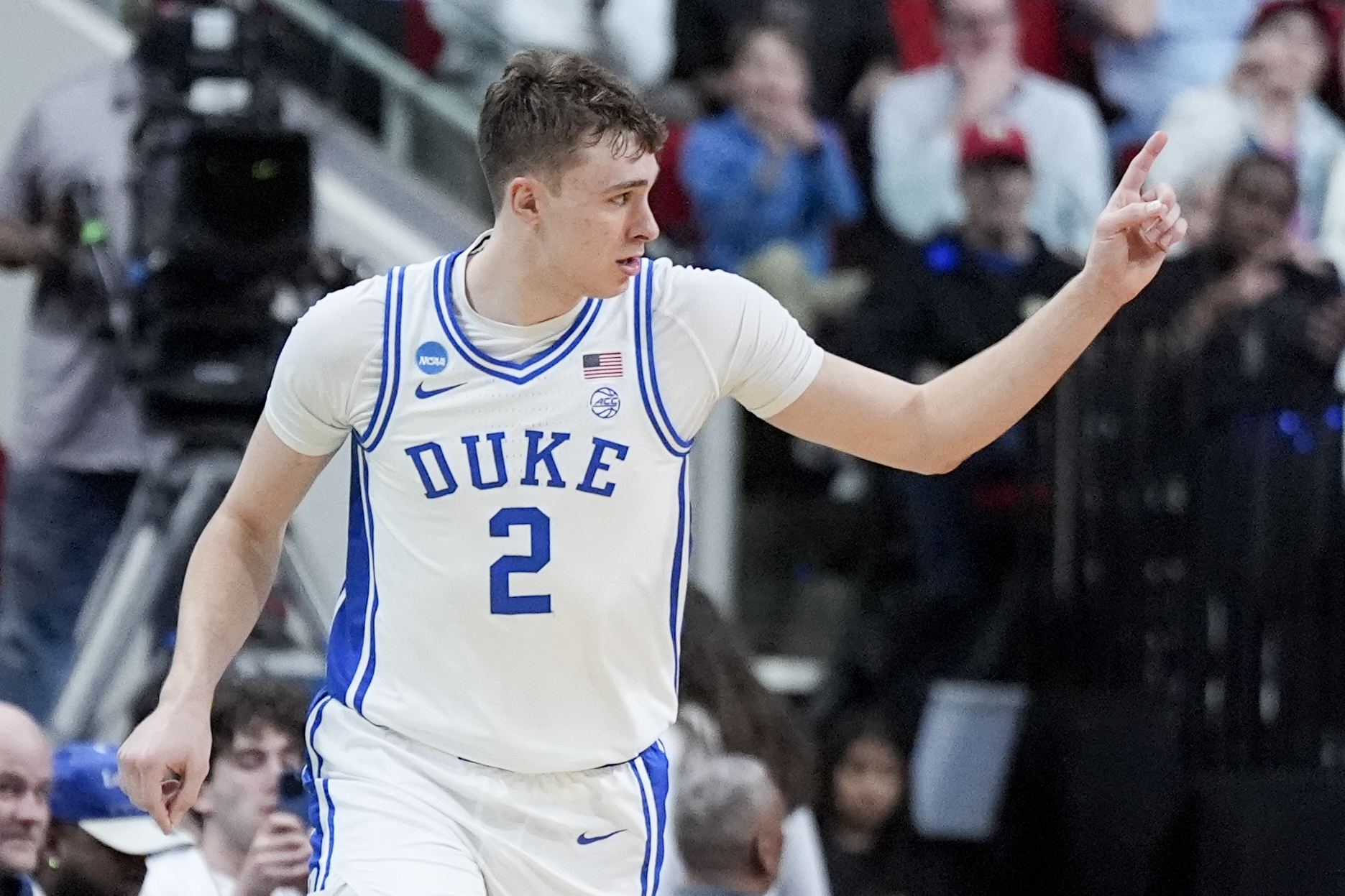 Duke forward Cooper Flagg celebrates after scoring against Mount St. Mary's during the second half in the first round of the NCAA college basketball tournament, Friday, March 21, 2025, in Raleigh, N.C.