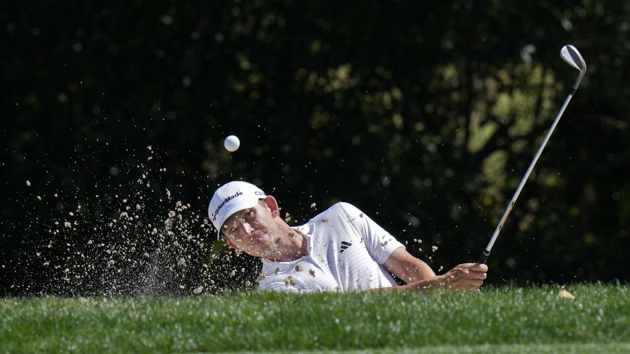 Jacob Bridgeman blasts from a sand trap on the seventh hole during the first round of the Valspar Championship golf tournament Thursday, March 20, 2025, at Innisbrook in Palm Harbor, Fla.