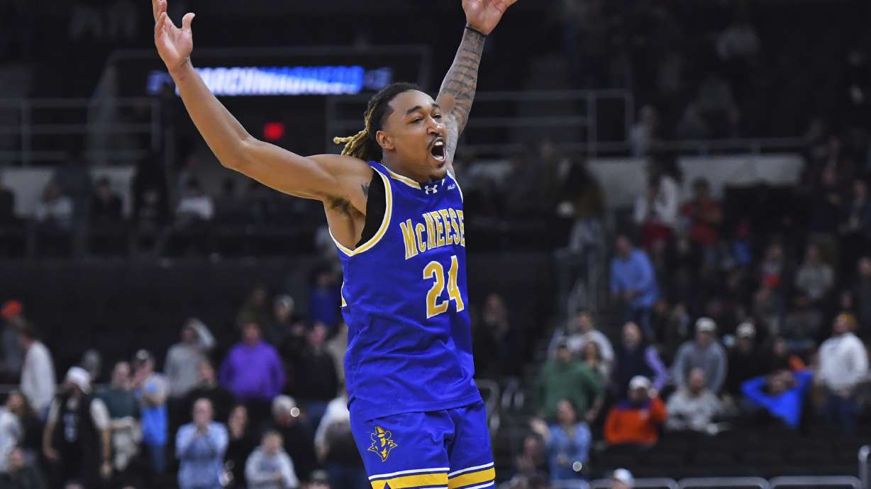 McNeese State forward Christian Shumate (24) celebrates during the second half in the first round of the NCAA college basketball tournament, Thursday, March 20, 2025, in Providence, R.I.