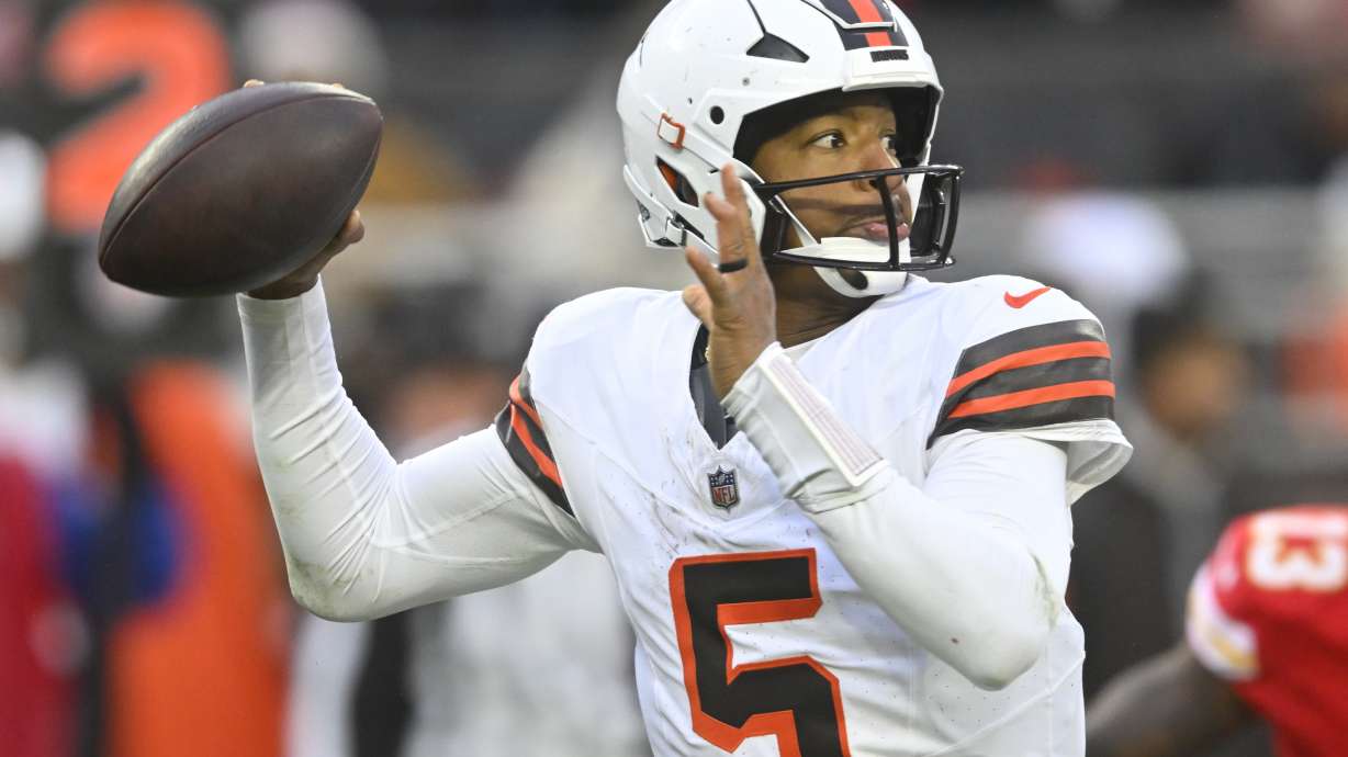 FILE - Cleveland Browns quarterback Jameis Winston (5) looks to pass during an NFL football game against the Kansas City Chiefs, Dec. 15, 2024, in Cleveland.