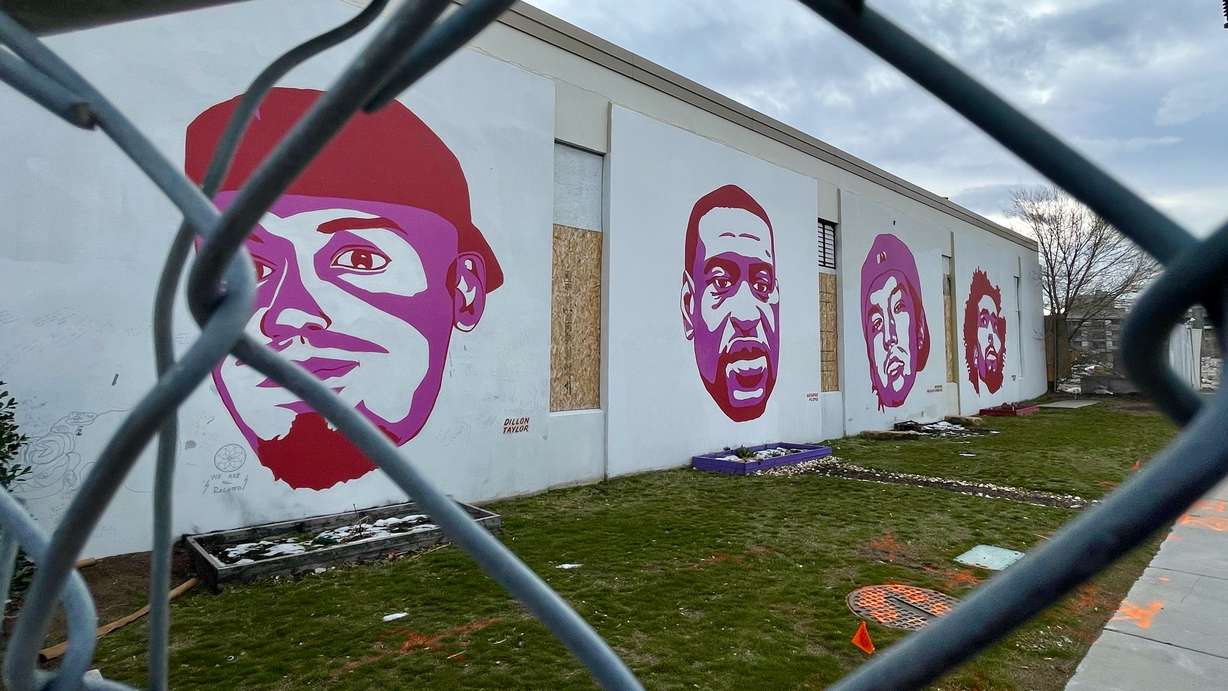 The Fleet Block buildings in Salt Lake City that contain murals of people killed in incidents involving police are pictured on March 21, 2025. The area has since been demolished.