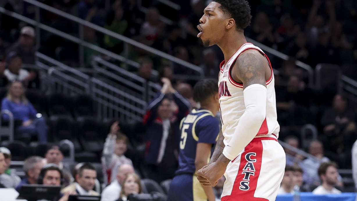 Arizona guard Caleb Love reacts during the first half against Akron in the first round of the NCAA college basketball tournament, Friday, March 21, 2025, in Seattle.