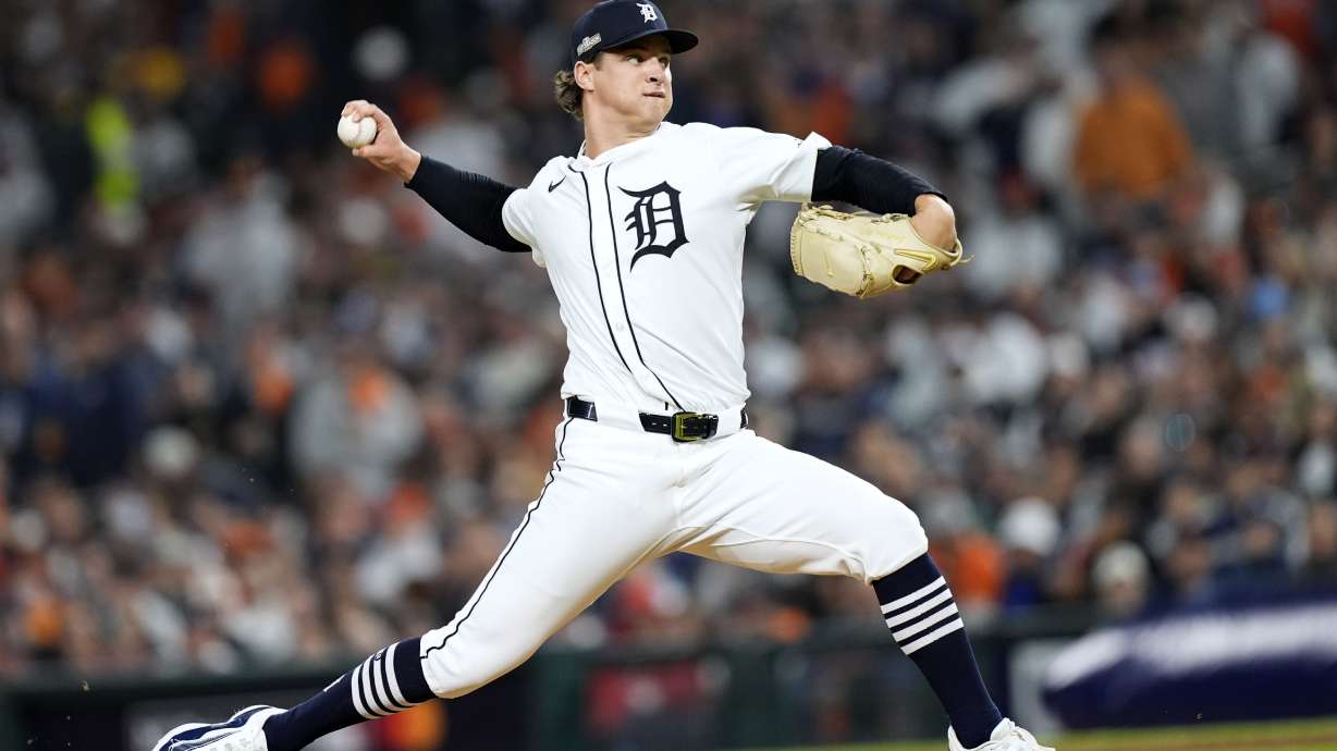 FILE - Detroit Tigers pitcher Jackson Jobe throws against the Cleveland Guardians in the eighth inning during Game 4 of a baseball American League Division Series, on Oct. 10, 2024, in Detroit.