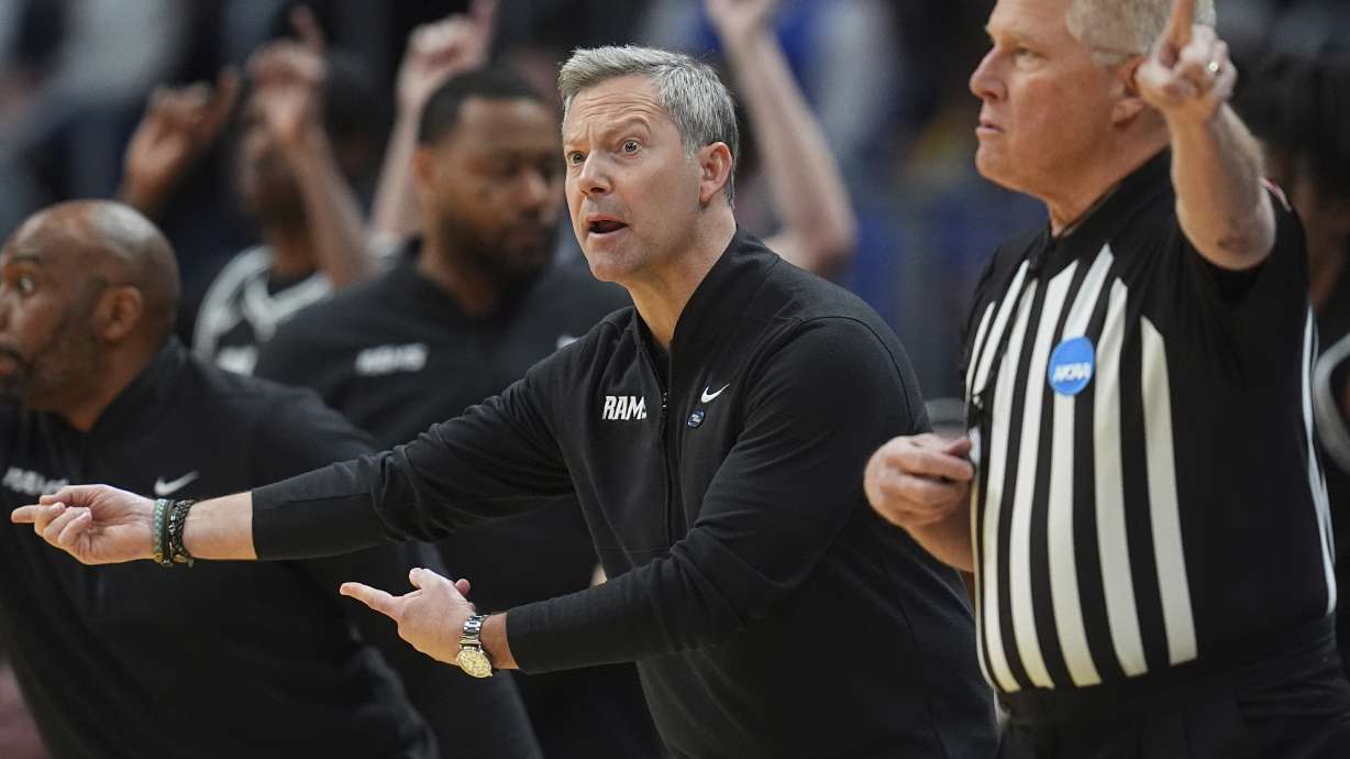Virginia Commonwealth head coach Ryan Odom directs his team against BYU during the first half in the first round of the NCAA college basketball tournament Thursday, March 20, 2025, in Denver.
