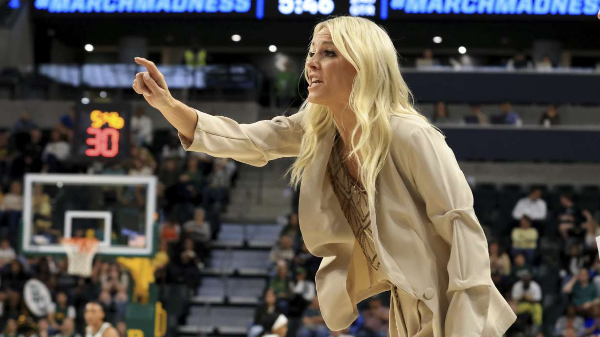 Grand Canyon head coach Molly Miller calls out a play against Baylor during the first half in the first round of the NCAA college basketball tournament, Friday March 21, 2025, in Waco,Texas.