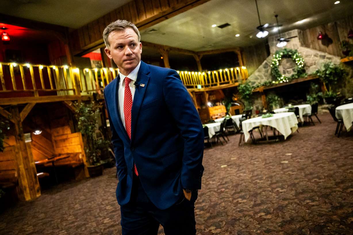 Utah Congressman and DOGE Cochairman Blake Moore prepares to speak to the press at his GOP Luncheon at Timbermine Steakhouse in Ogden on Saturday.