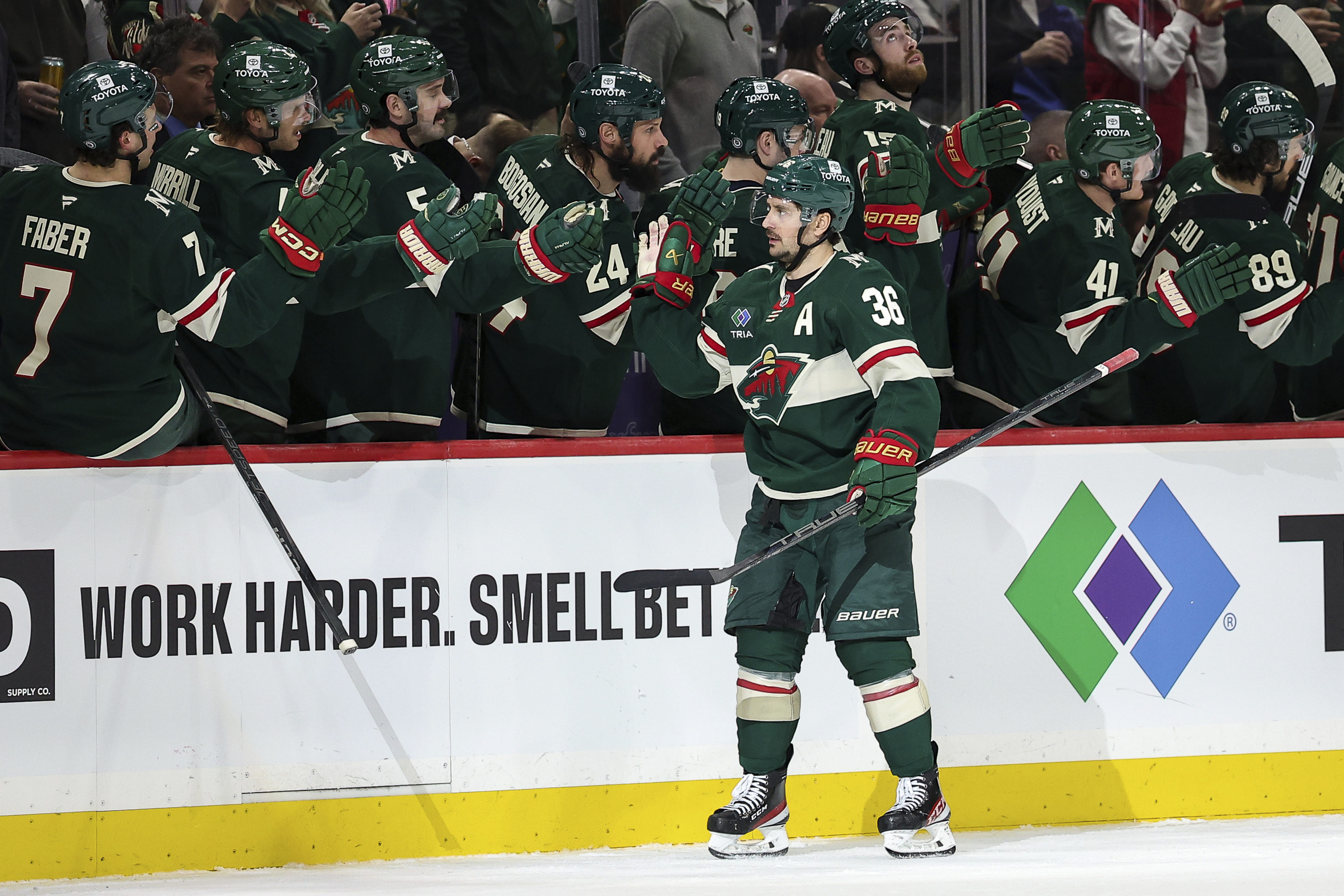 Minnesota Wild right wing Mats Zuccarello is congratulated for his goal against the Buffalo Sabres during the second period of an NHL hockey game Saturday, March 22, 2025, in St. Paul, Minn.