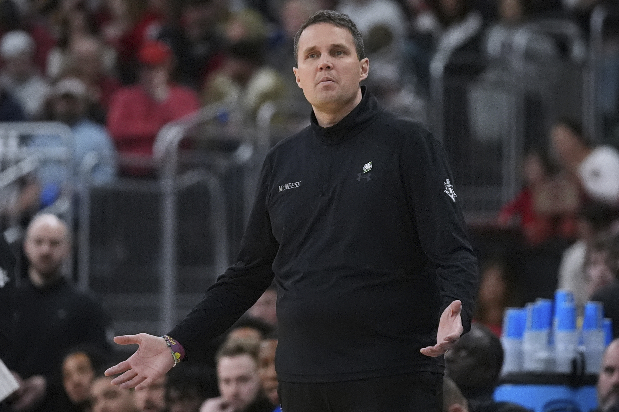 McNeese State head coach Will Wade questions a call during the first half in the second round of the NCAA college basketball tournament, Saturday, March 22, 2025, in Providence, R.I.