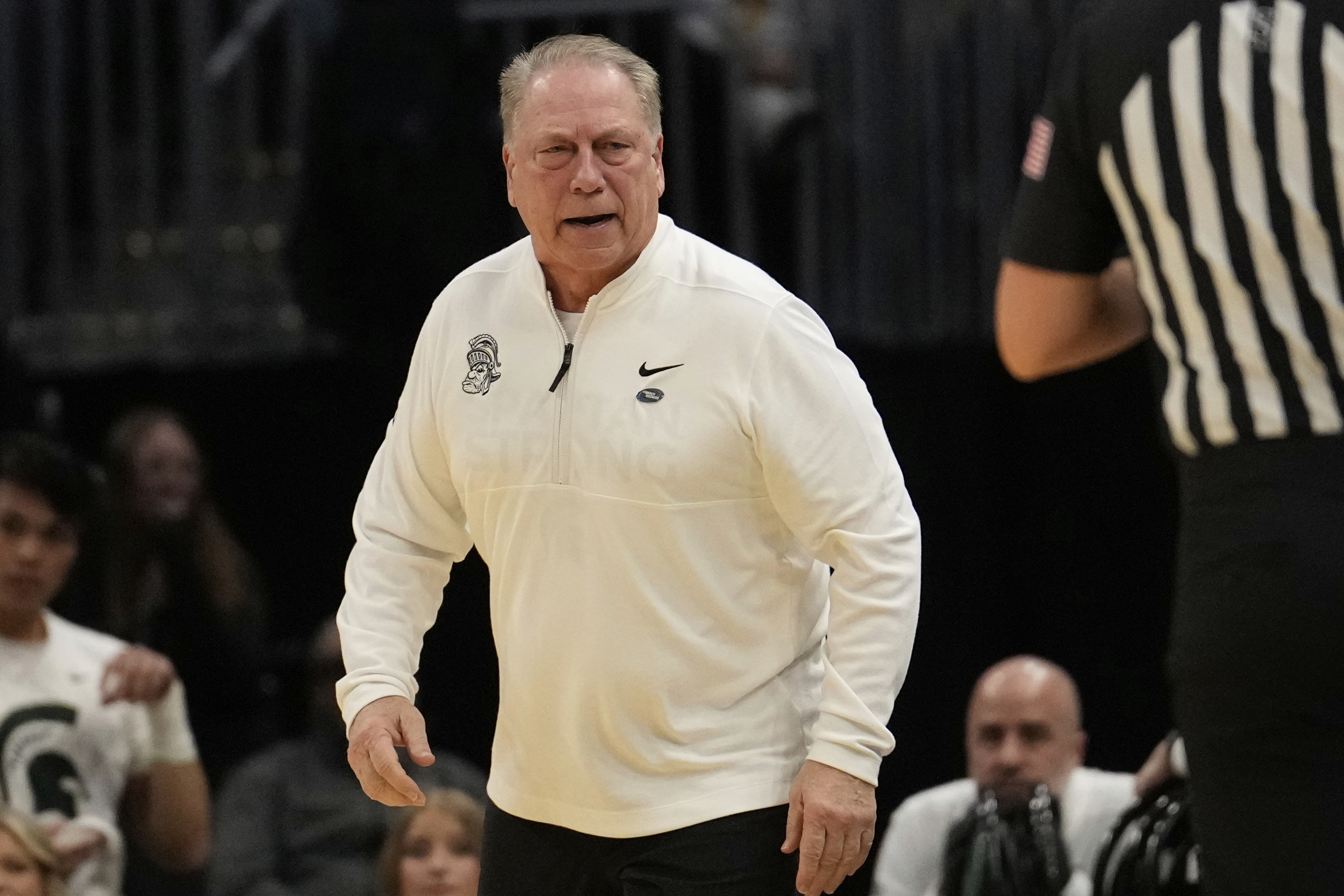 Michigan State head coach Tom Izzo talks to an official in the first half of a game against Bryant in the first round of the NCAA college basketball tournament, Friday, March 21, 2025, in Cleveland. 