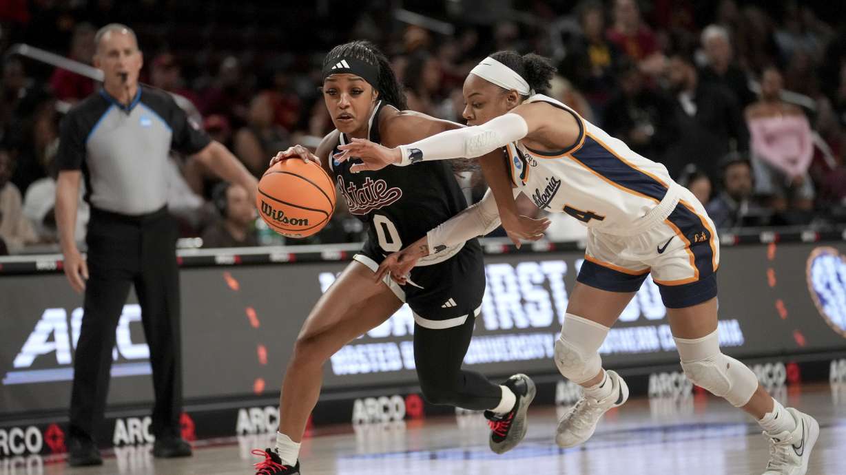 Mississippi State guard Denim DeShields (0) dribbles against California guard Kayla Williams (4) during the first half in the first round of the NCAA college basketball tournament Saturday, March 22, 2025, in Los Angeles.