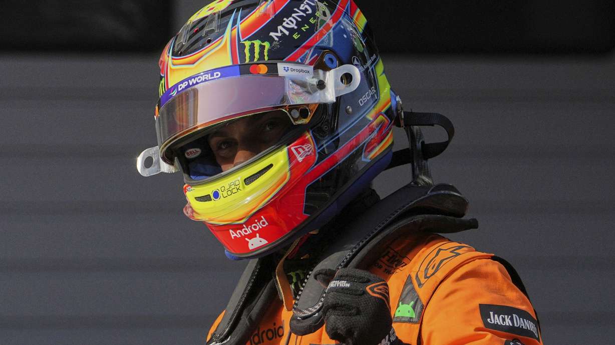 McLaren driver Oscar Piastri of Australia celebrates his pole position after qualifying session for the Chinese Formula One Grand Prix at the Shanghai International Circuit in Shanghai, China, Saturday, March 22, 2025.