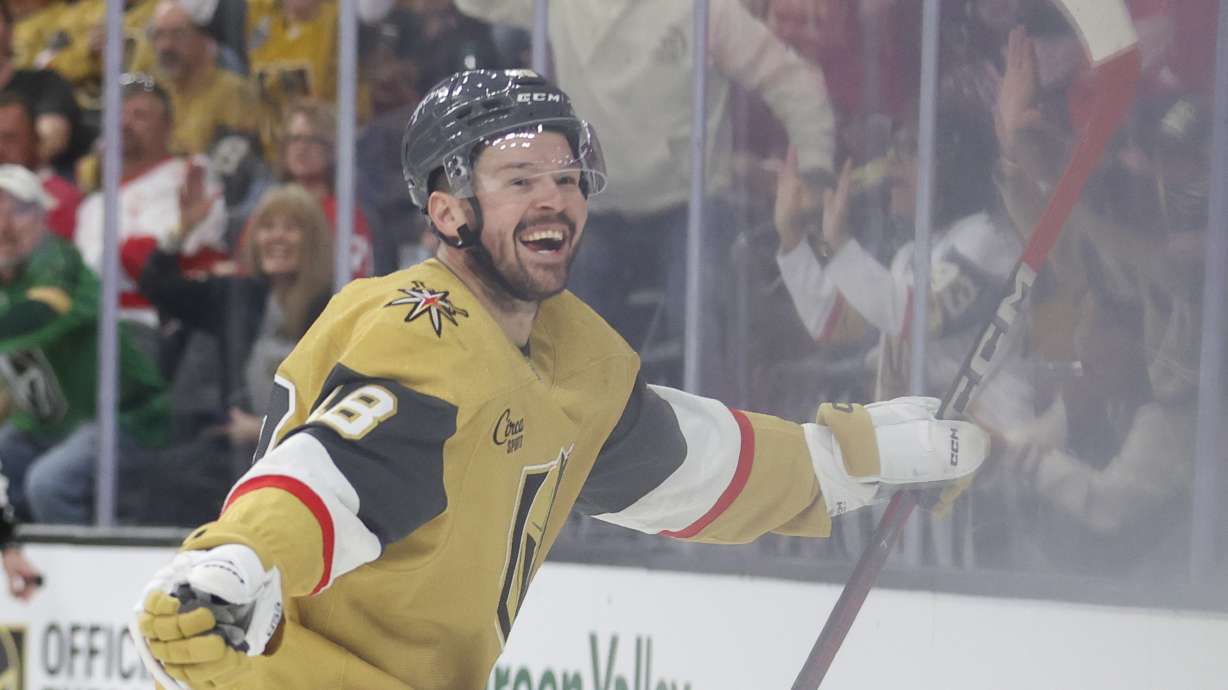 Vegas Golden Knights center Tomas Hertl (48) celebrates after scoring during the second period of an NHL hockey game against the Detroit Red Wings, Saturday, March 22, 2025, in Las Vegas.
